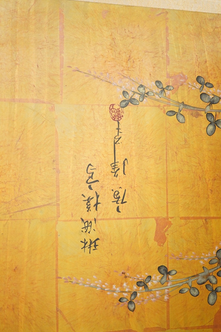 A 20th century Japanese four fold screen, each panel 91 x 46cm